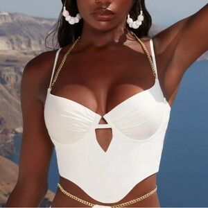 Oh Polly ivory linen bustier corset crop top with detachable chain strap